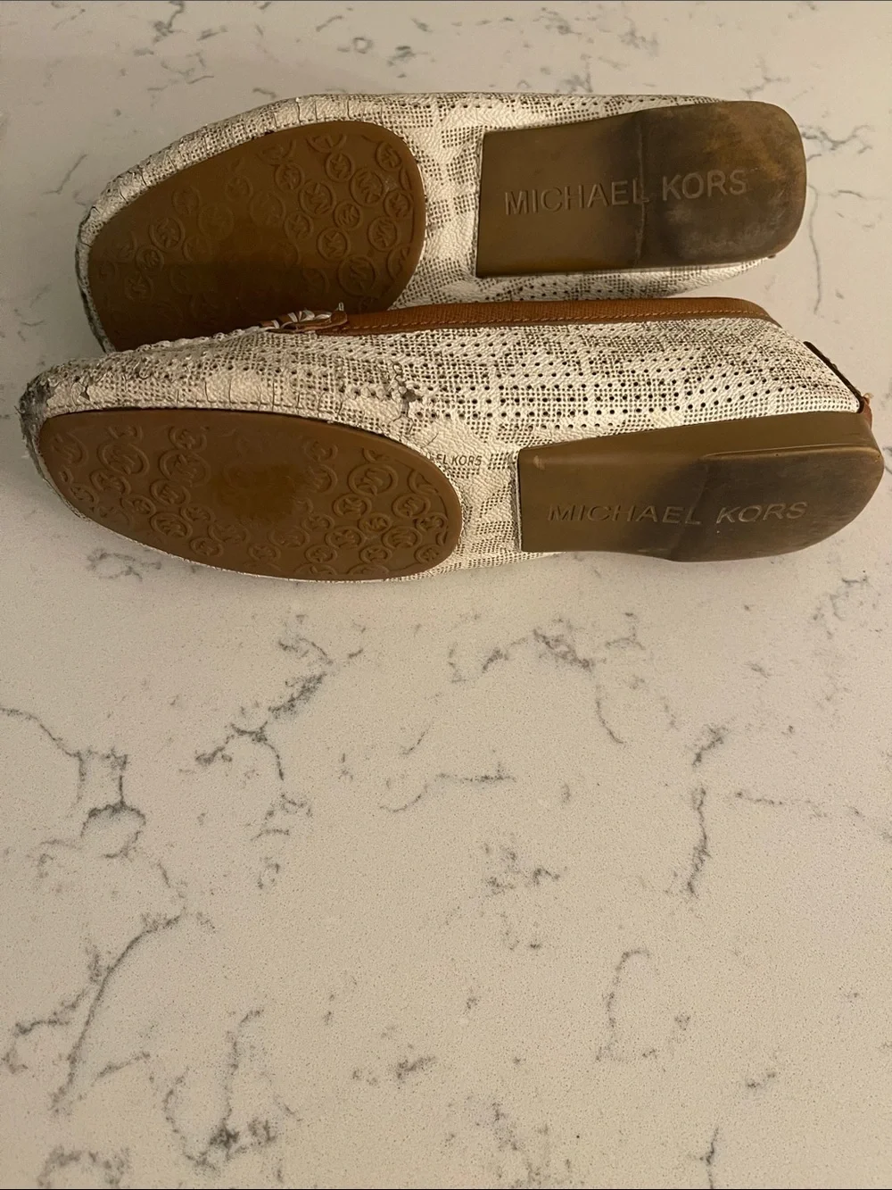Michael Kors Cream Patterned & Brown Leather MK Logo Loafers
